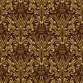 Damask seamless pattern repeating background. Gold brown floral ornament with W letter and crown in baroque style Royalty Free Stock Photo