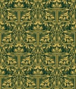 Damask seamless pattern repeating background. Gold green floral ornament with T letter in baroque style Royalty Free Stock Photo