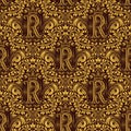 Damask seamless pattern repeating background. Gold maroon floral ornament with R letter and crown in baroque style