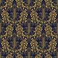 Damask seamless pattern repeating background. Golden blue floral ornament with J letter and crown in baroque style Royalty Free Stock Photo