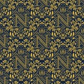 Damask seamless pattern repeating background. Golden blue floral ornament with N letter and crown in baroque style Royalty Free Stock Photo