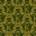 Damask seamless pattern repeating background. Golden green floral ornament with K letter and crown in baroque style Royalty Free Stock Photo