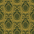 Damask seamless pattern repeating background. Golden green floral ornament with O letter and crown in baroque style Royalty Free Stock Photo