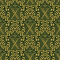 Damask seamless pattern repeating background. Golden green floral ornament with X letter and crown in baroque style Royalty Free Stock Photo