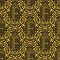 Damask seamless pattern repeating background. Golden olive floral ornament with F letter and crown in baroque style