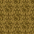 Damask seamless pattern repeating background. Golden olive floral ornament with S letter and crown in baroque style