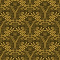 Damask seamless pattern repeating background. Golden olive floral ornament with Y letter and crown in baroque style