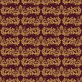 Damask seamless pattern repeating background. Golden purple floral ornament in baroque style. Antique repeatable wallpaper design Royalty Free Stock Photo