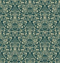 Damask seamless pattern repeating background. Ivory green floral ornament in baroque style