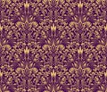 Damask seamless pattern repeating background. Yellow purple floral ornament in baroque style