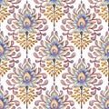 Damask seamless pattern to Victorian style. Floral ornament drawn with colored pencils on paper. Print for home textiles, pillows