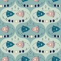 Damask style seamless pattern, birds day and night, moon phases, stars. Magic print for tee, paper, textile and fabric. Doodle
