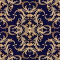 Damask vector embroidery seamless pattern. Dark blue ornate grunge background with gold 3d flowers, scroll leaves and floral anti Royalty Free Stock Photo