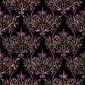 Damask swirl violet flowers seamless pattern with dots