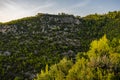 Damianos Cave in Zakynthos. Green fields and forest in Zakynthos, Greece. Sunset pine trees, olive groves and sea view on a greek Royalty Free Stock Photo