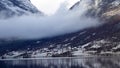 Damp cloud at Vangmjose lake near Vang in autumn in Norway Royalty Free Stock Photo