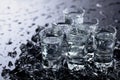 Damp glasses of vodka with ice on a black reflective background Royalty Free Stock Photo