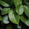 Damp and slick texture wet leaves with water droplets background