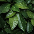 Damp and slick texture wet leaves with water droplets background