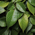 Damp and slick texture wet leaves with water droplets background