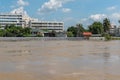 Dams from sand bags prevent flooding from river