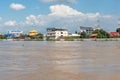 Dams from sand bags prevent flooding from river