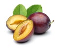 Damson plums with leaf isolated on white Royalty Free Stock Photo