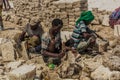 DANAKIL, ETHIOPIA - MARCH 24, 2019: Afar tribe salt miners in the Danakil depression, Ethiopi