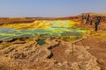 DANAKIL, ETHIOPIA - MARCH 24, 2019: Tourists observe colorful sulfuric lakes of Dallol volcanic area, Danakil depression