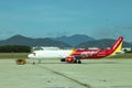 DANANG , VIETNAM - JUNE 26, 2019: The air plane VietJet Air company stands at the DANANG International Airport