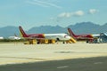 DANANG , VIETNAM - JUNE 26, 2019: The air plane VietJet Air company stands at the DANANG International Airport