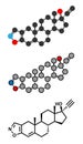 Danazol endometriosis drug molecule. Stylized 2D renderings and conventional skeletal formula.