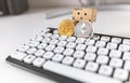 Danbo the box man posing with bitcoin and ethereum next to computer keyboard