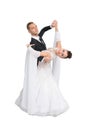 Dance ballroom couple in colorful dress dance pose isolated on white background. sensual professional dancers dancing walz, tango, Royalty Free Stock Photo