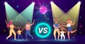 Dance battle, colorful stage background, people dance to energetic, cheerful music, design in cartoon style, vector