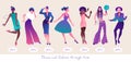 Dance and Fashion through time. Set seven women dancing wearing clothes from different eras, from the twenties to the 80s