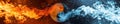 A dance of fire and ice spirits around a yin and yang symbol their movements creating a mesmerizing display of contrast