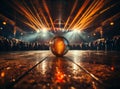 Dance floor room with mirror disco ball reflections with crowd people. Night club stage lights for party by spotlights -