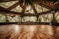 dance floor surrounded by towering trees with the sound of birds and wind in the background