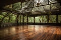 dance floor surrounded by towering trees with the sound of birds and wind in the background