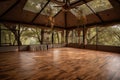 dance floor surrounded by towering trees with the sound of birds and wind in the background