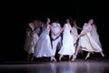Dance flying woman in white dresses jump up