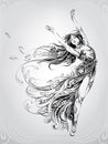 Dance of a girl in a floral ornament. vector illustration