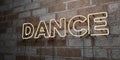 DANCE - Glowing Neon Sign on stonework wall - 3D rendered royalty free stock illustration