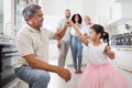 Dance, grandfather and child together in family home kitchen for love, care or fun bonding, birthday and learning