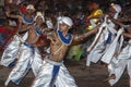 Dance of Kothala (Kothala Padhaya) performers at the Esala Perahera in Kandy, Sri Lanka.