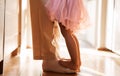 Dance, learning and feet of father and daughter for ballet, support and love. Music, help and youth with closeup of man Royalty Free Stock Photo