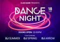 Dance music night poster background. Night club music concert DJ flyer vector design glow abstract banner event show