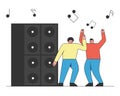 Dance Party concept. Two Men Are Having Fun And Dancing At Disco Music Club. Black Notes And Big Speakers Royalty Free Stock Photo