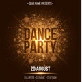 Dance party. Luxurious invitation card. Golden flash with gold dust. Night party. Enter your DJ and club name. Poster for your pro Royalty Free Stock Photo